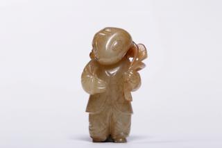 老藏: 和田玉籽料带皮持荷童子 高4.6cm 宽2.4cm 厚1.3cm 重22.5g