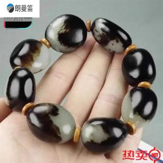 朗曼笛 roomantty精品天然新疆和田玉手串黑皮籽料青花原石手链男女款